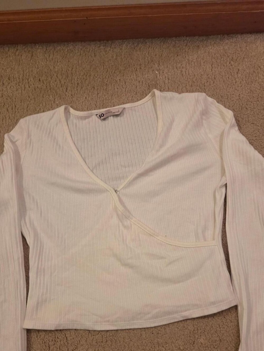 SO Ivory Ribbed Wrap Long Sleeve Crop Top